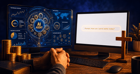 A believer's desk showing the contrast between an expensive AI agent dashboard and a simple prompt — stewardship and AI literacy for Christians