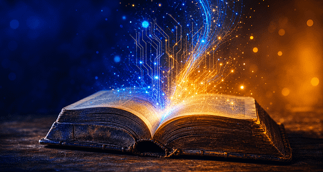 Open Bible with glowing digital light particles rising from the pages — faith tech, AI for Christians