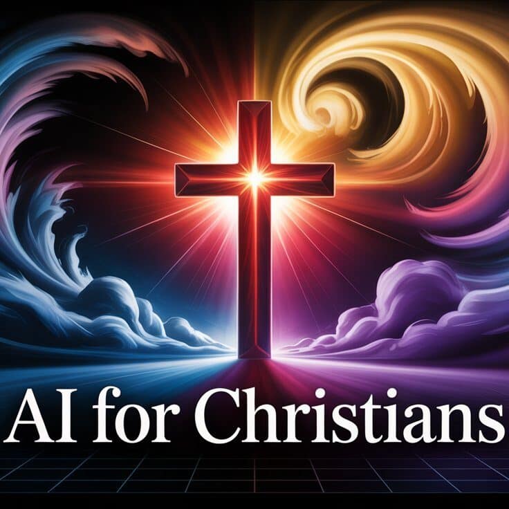 "AI For Christians logo featuring a rugged wooden cross radiating red, gold, and purple light, standing firm against a contrasting background of darkness and divine illumination"